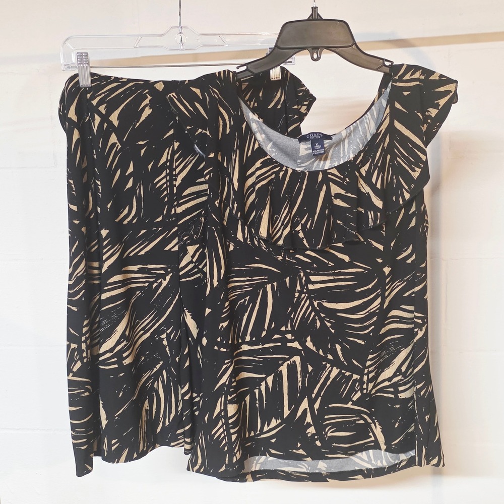 Chaps Women XL Desert Explorer Black‎ Tan Palm Leaf Ruffle Top & Skirt 2 piece